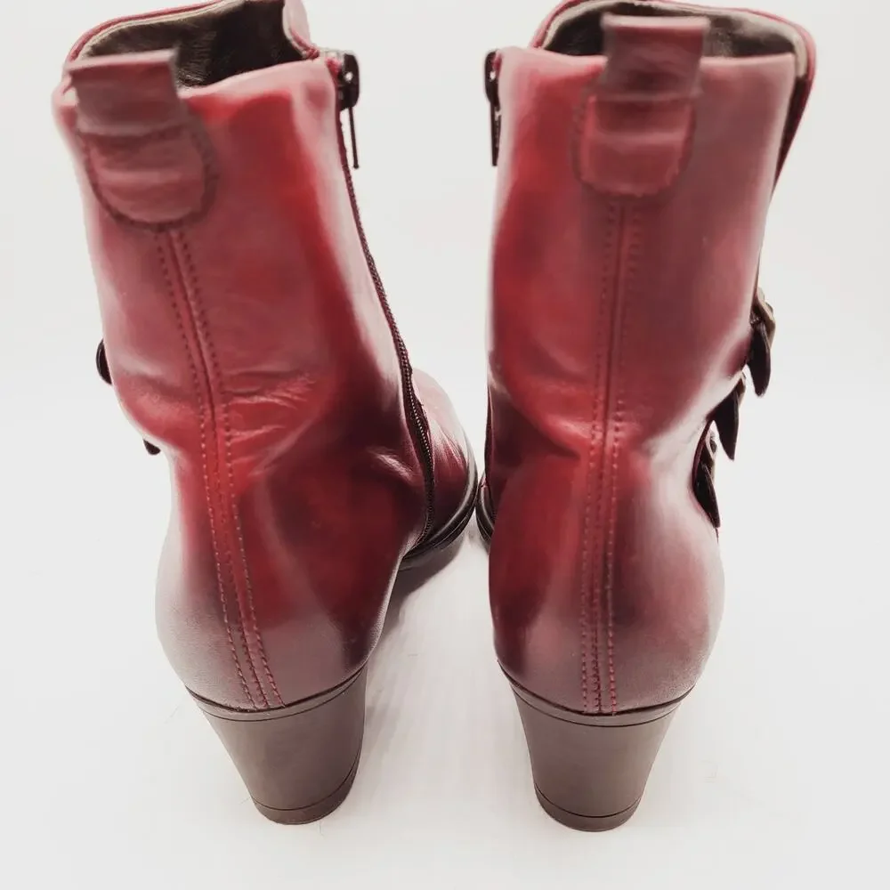 Remonte Red Leather Burnished Toe Tri-Colored Straps 2" Heel Artistic Boot Sz 37 - Picture 6 of 14